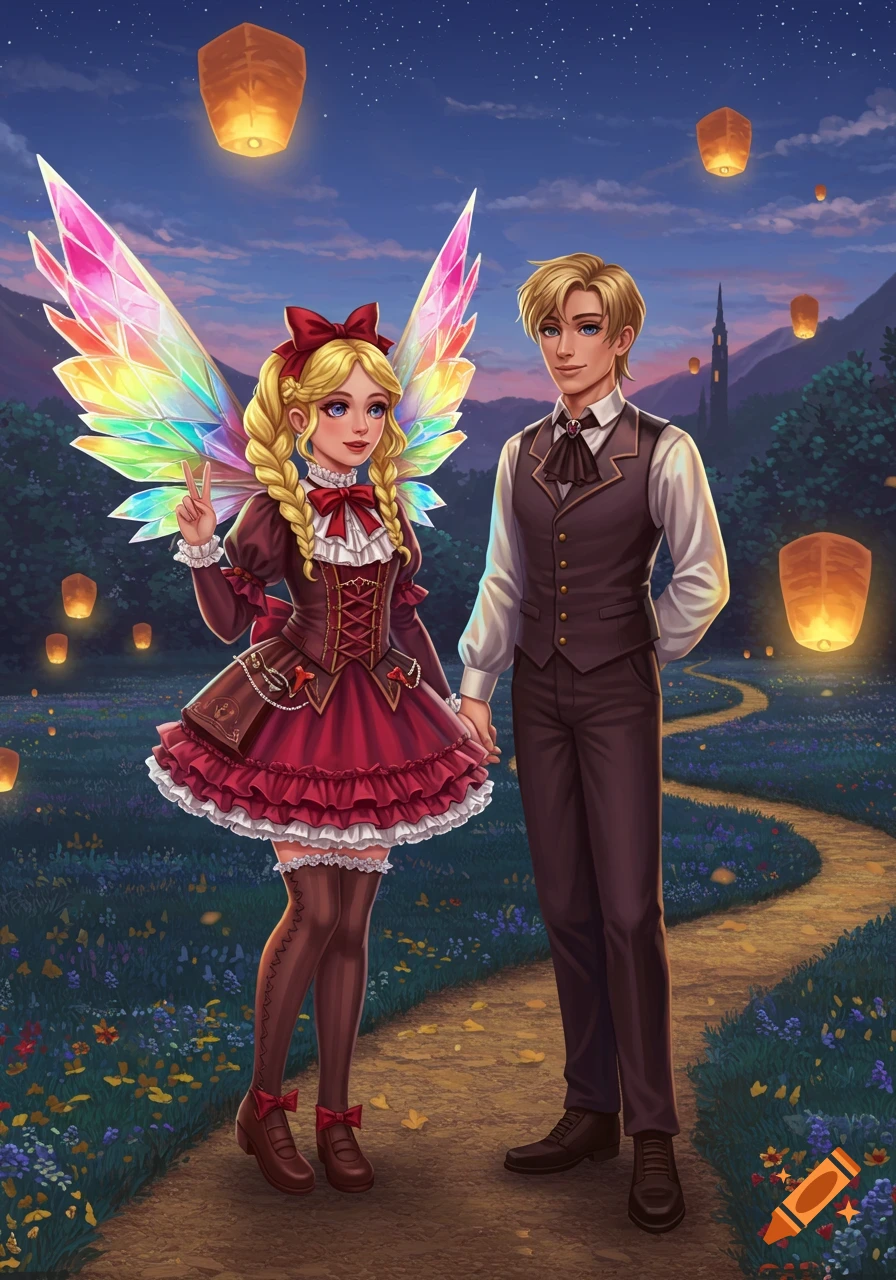 A fairy-like girl with rainbow wings and a boy in a vest hold hands on a path in a whimsical field with glowing sky lanterns at twilight.