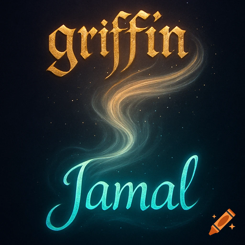 The name 'griffin' in golden gothic script above 'Jamal' in glowing teal script, connected by a magical, swirling light on a dark, starry background.
