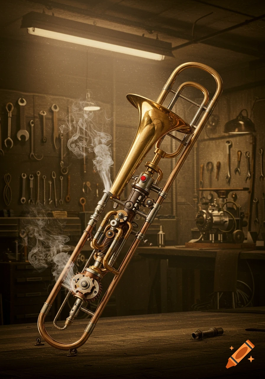 A photorealistic steampunk trombone with intricate mechanical parts and smoke rising, in a dimly lit workshop.