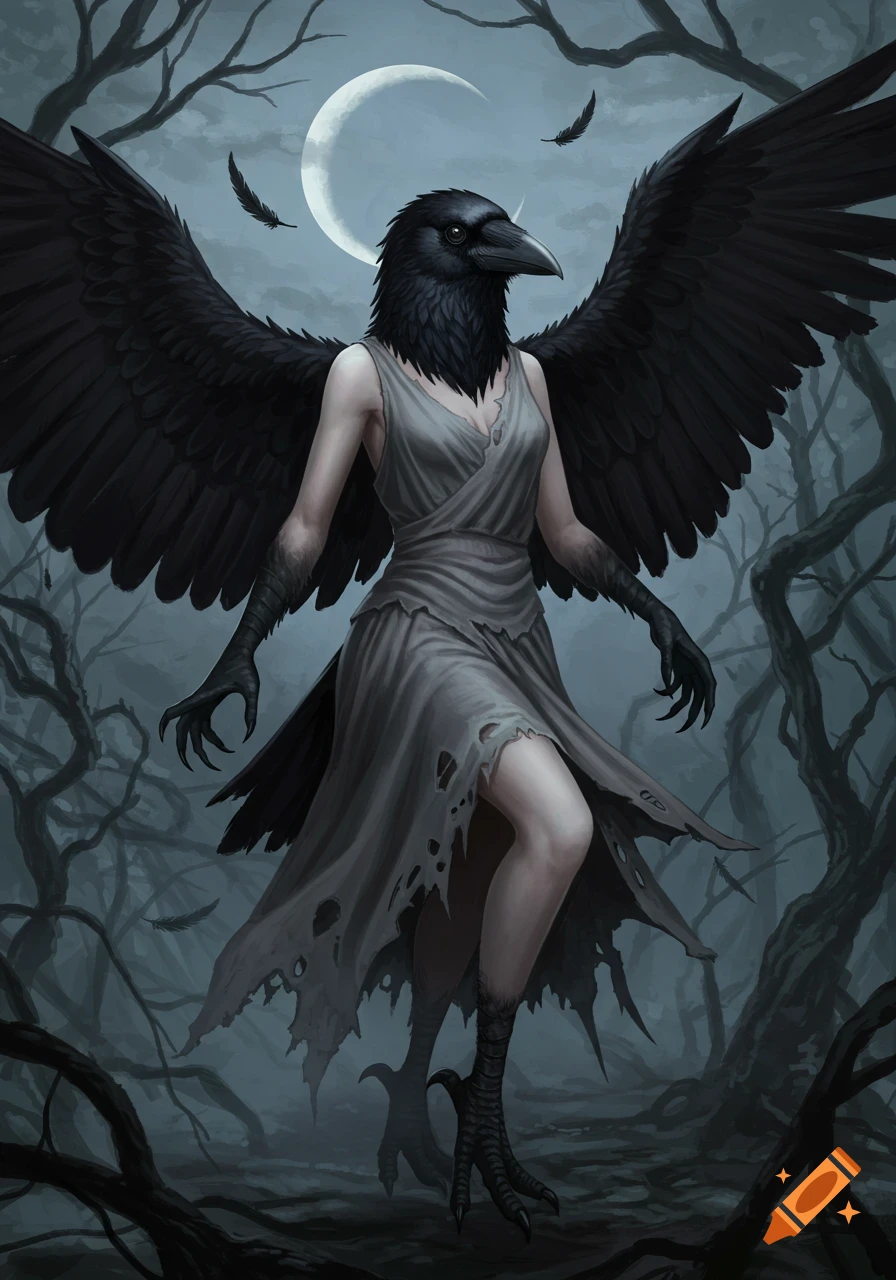 Digital art of a crow-human hybrid woman with black wings, a tattered grey dress, and talons, in a dark forest under a crescent moon.