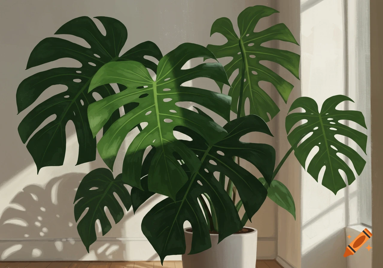 An illustrated Monstera deliciosa plant in a white pot, basking in sunlight near a window, casting intricate shadows on a pale wall.