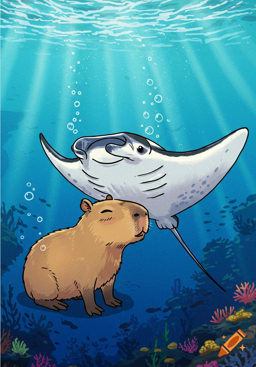 A cute capybara and a manta ray swim together underwater among colorful coral, comic style.
