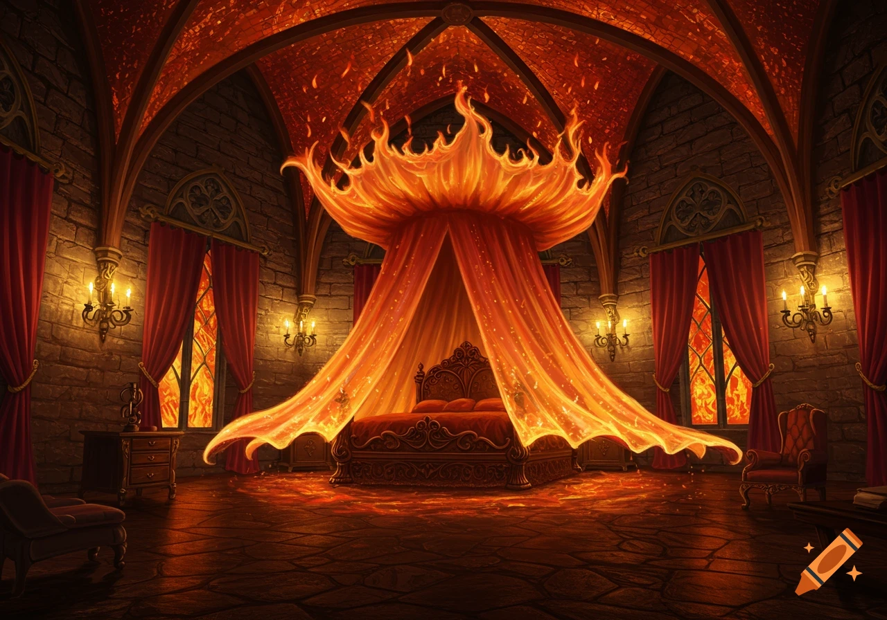 A lavish, magical bedroom in a castle, featuring a large bed with a vibrant fiery canopy and glowing, flame-like curtains, all bathed in warm orange and red light.
