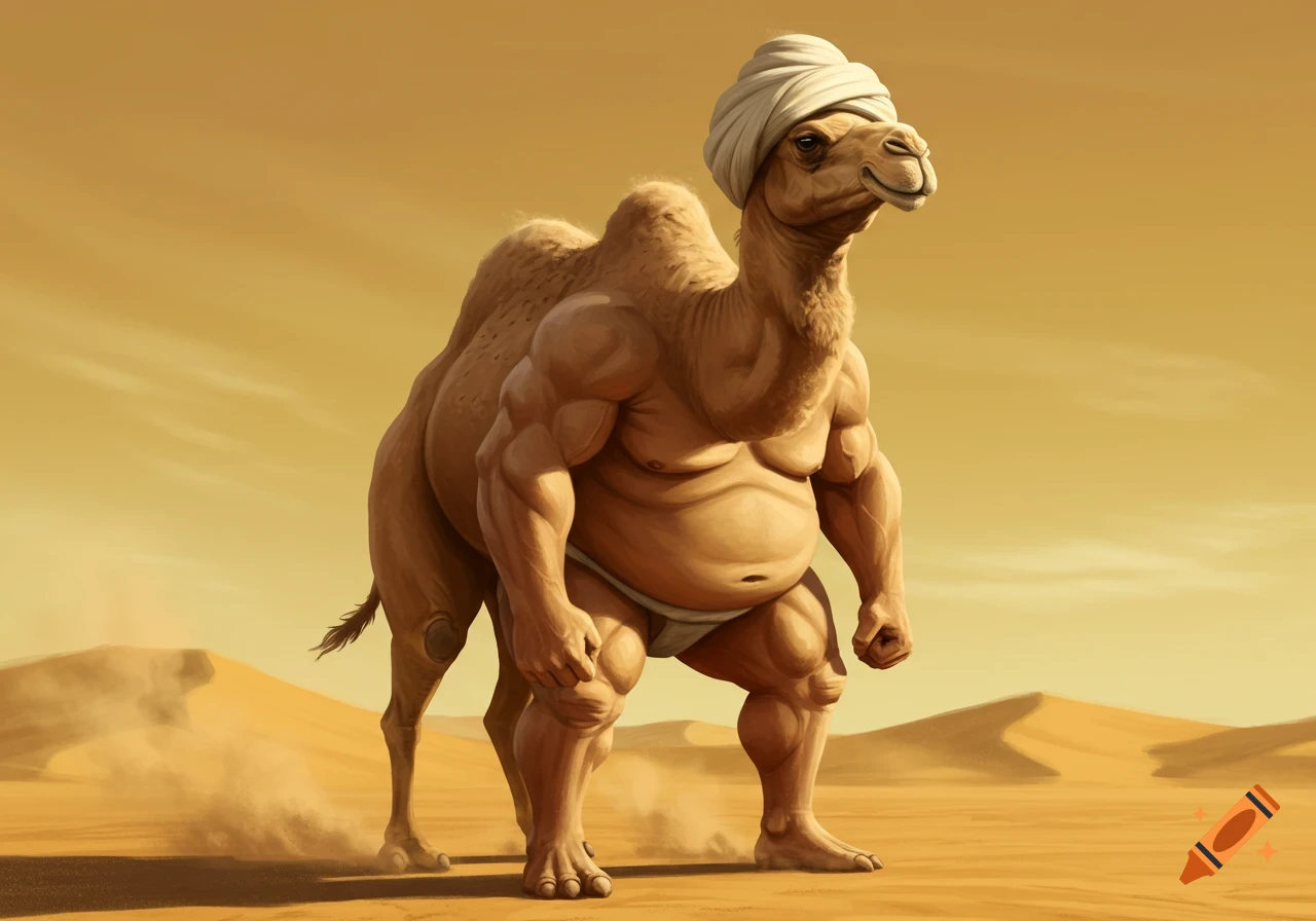 A muscular camel with a turban and loincloth stands in a sandy desert, in a fantastical, illustrative style.