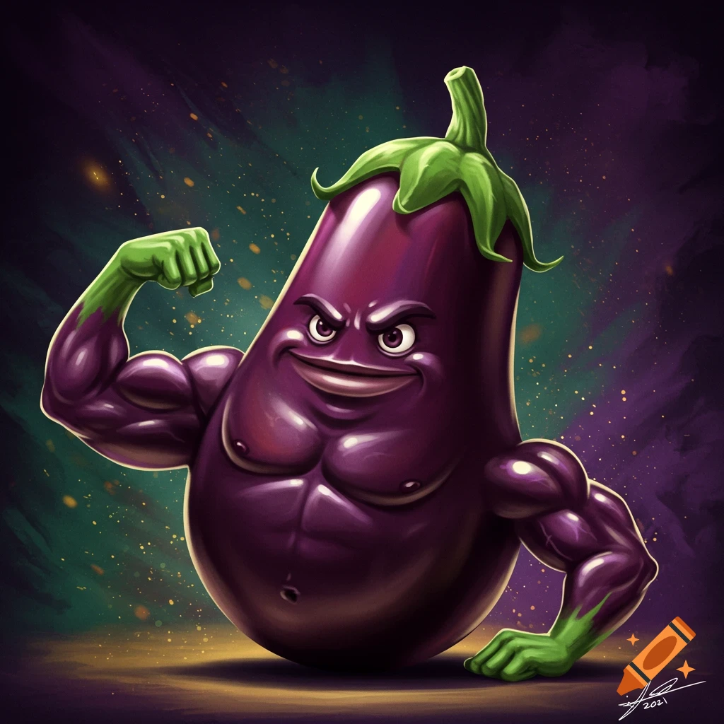 A muscular, purple eggplant character flexing its biceps with a strong expression, set against a dark, dramatic background.