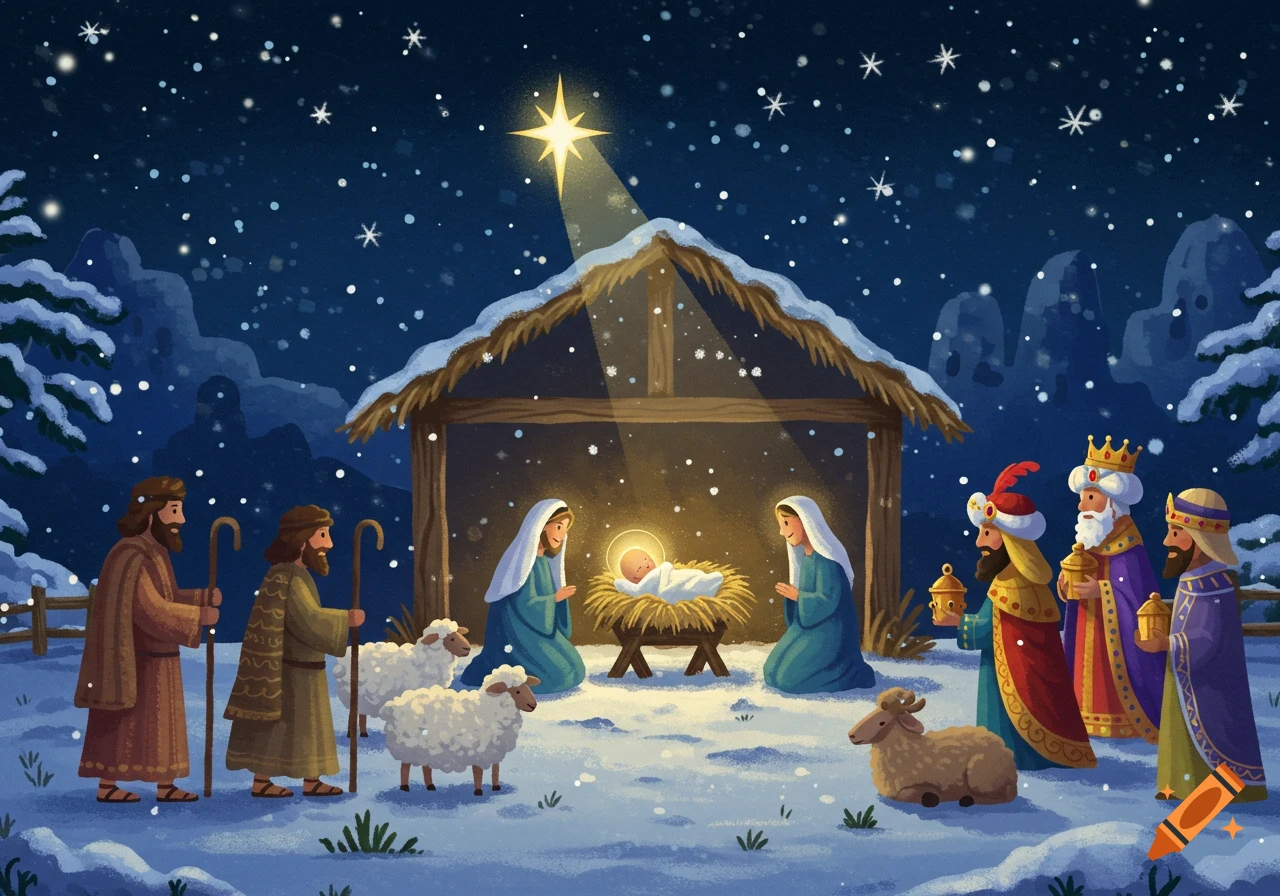 Weihnachtskarte Mit Krippe Und Hirten created on Craiyon, image size:1280x896