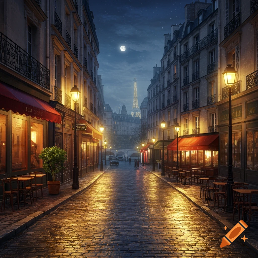 Photorealistic view of a narrow cobblestone street in Paris at night, lined with illuminated cafes, leading to the Eiffel Tower under a full moon.