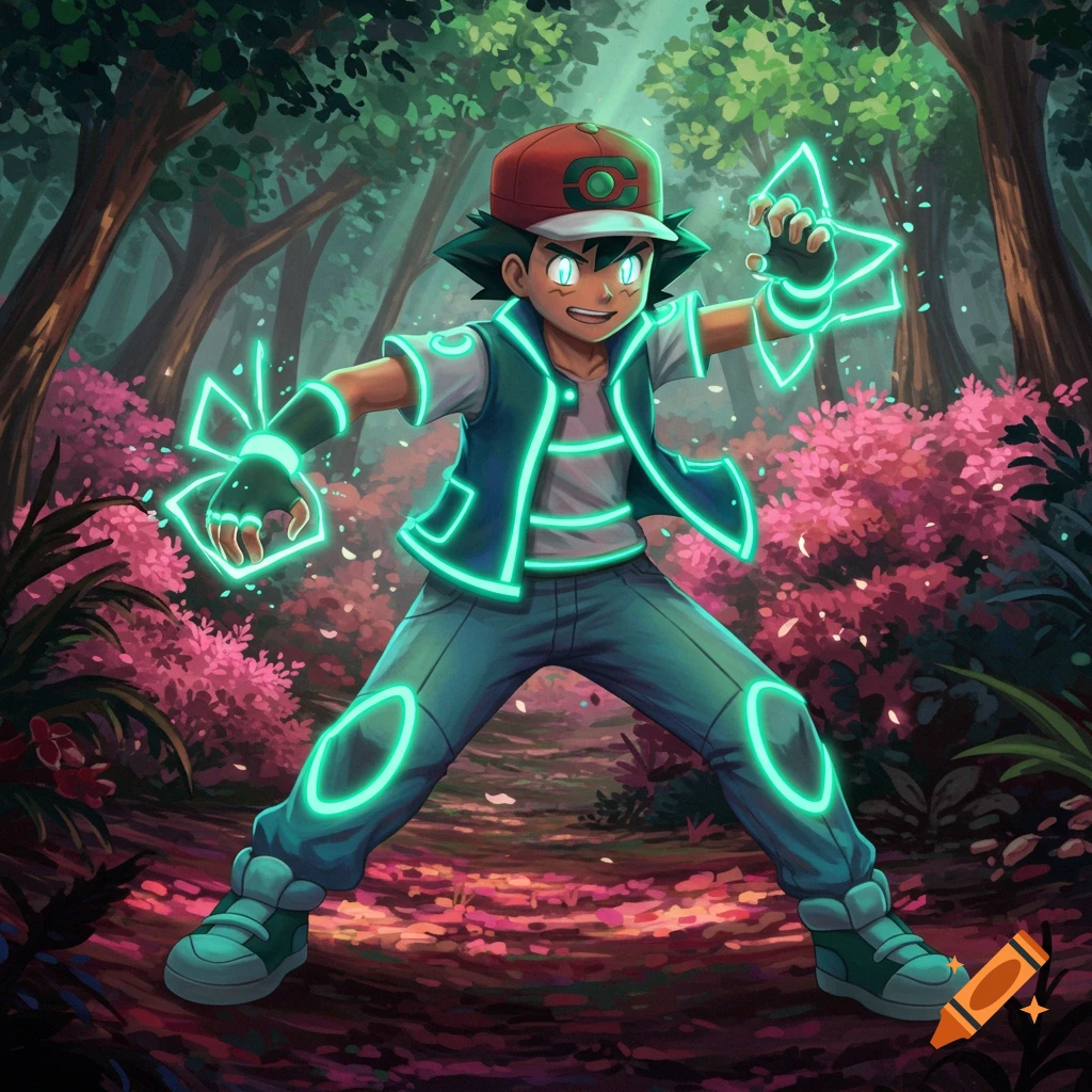 Ash Ketchum with glowing green lines on his clothes and hands, eyes glowing, in a magical forest.