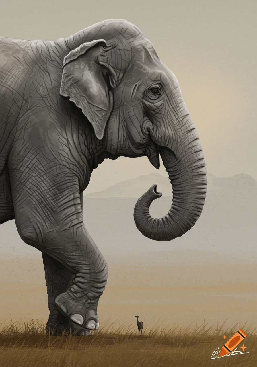 Digital painting of a large gray elephant with one front leg raised, towering over a tiny deer-like animal in a grassy plain.