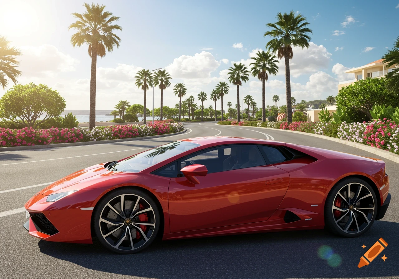 A red Lamborghini sports car on a sunny coastal road lined with palm trees and flowers, with the ocean in the background. Photorealistic style.