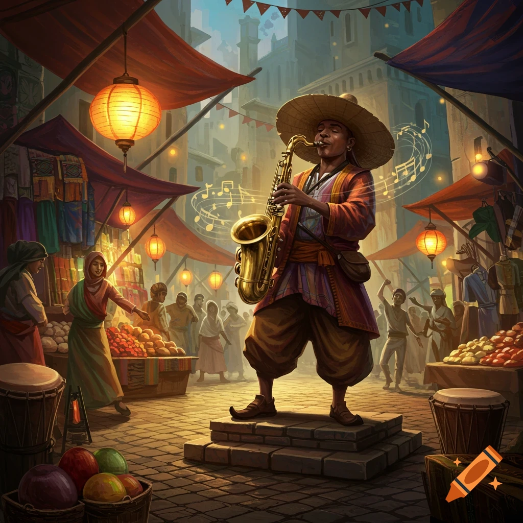 A man in a straw hat plays saxophone in a vibrant marketplace filled with lanterns, fruit stalls, and people, in a fantasy art style.