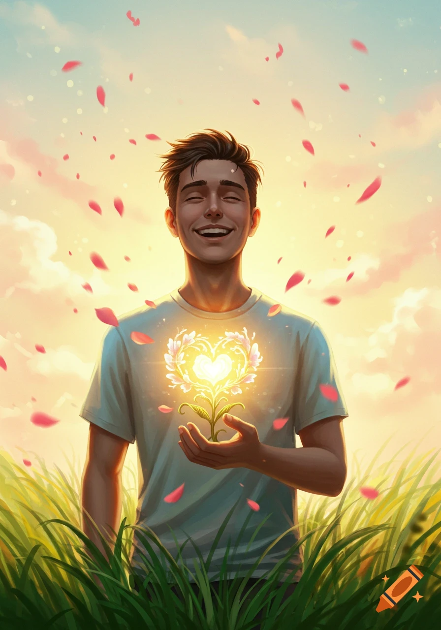 A smiling man holds a glowing heart-shaped flower in a sunny field with falling petals, creating an uplifting scene.
