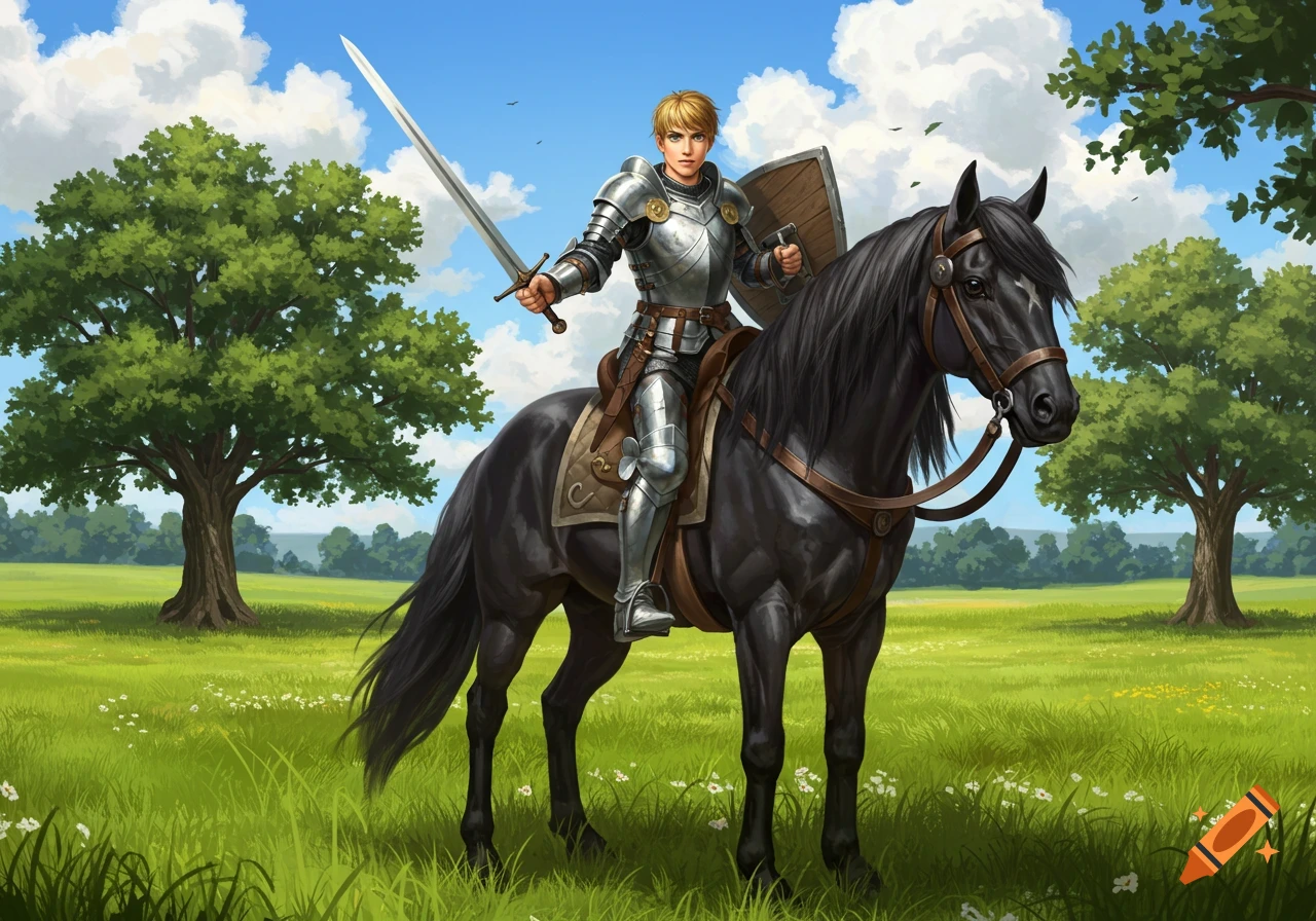A young warrior in shining armor, holding a sword and shield, rides a black horse through a grassy field.