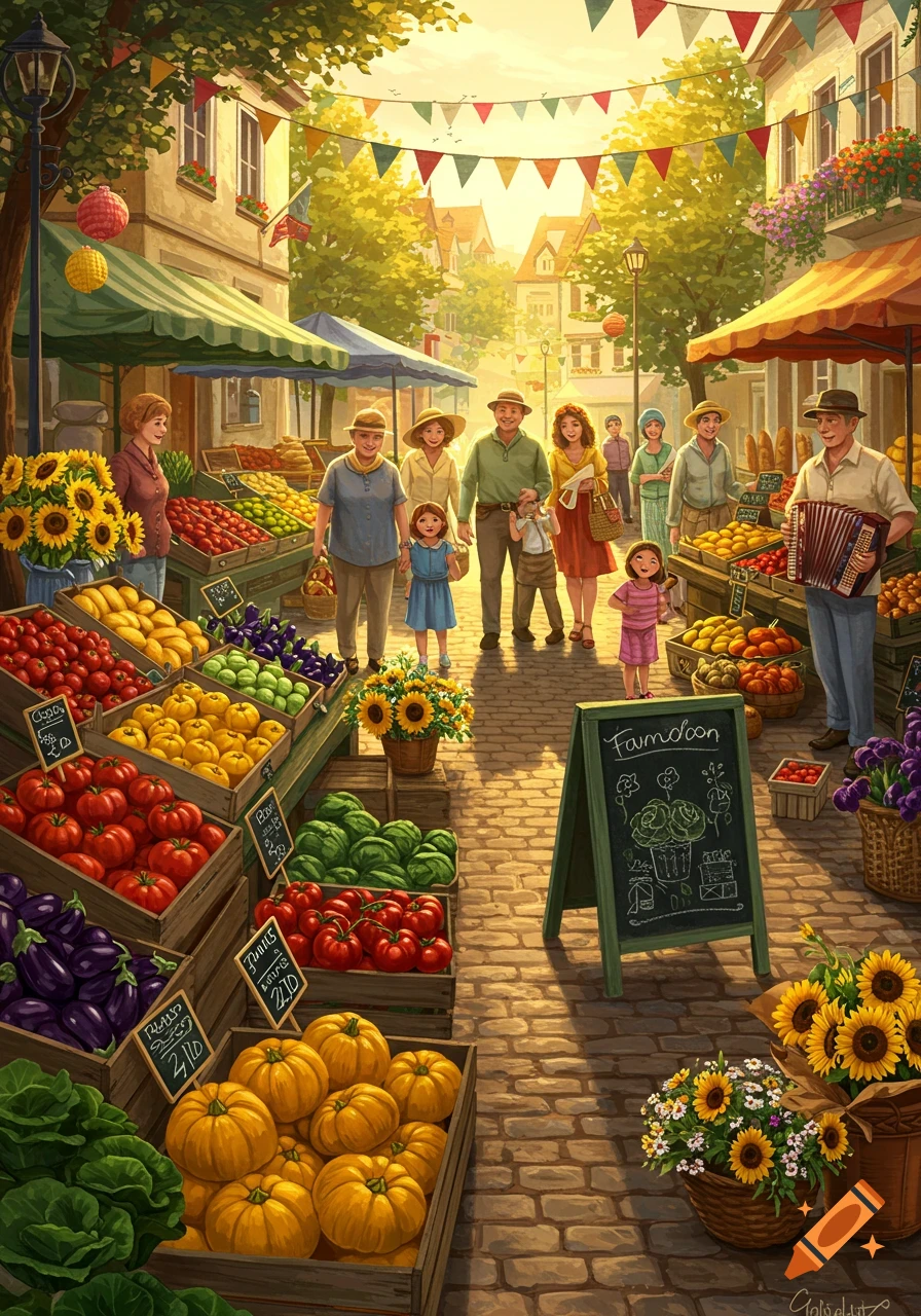 A bustling, vibrant farmers market scene in a European-style village square, filled with people, colorful produce stalls, and festive banners under a golden sky. A man plays an accordion while shoppers browse fresh fruits and vegetables.