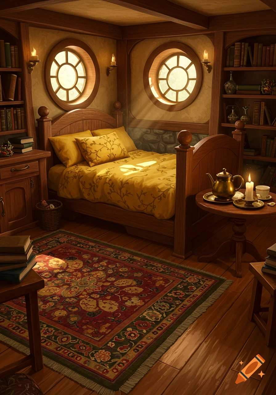 A cozy, hobbit-style bedroom with a wooden bed, round windows, bookshelves, and a patterned rug on a wooden floor.