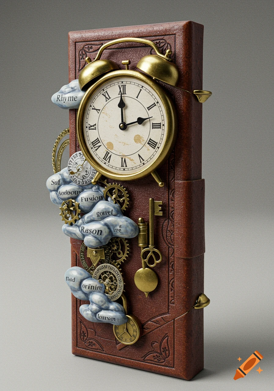 An ornate, steampunk-style totem resembling a book, adorned with an alarm clock, gears, keys, and clouds with words.