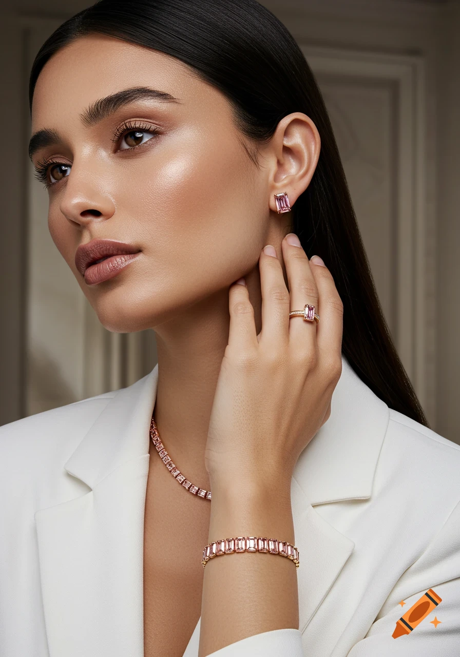 Ultra-realistic close-up of a female model wearing a pink gemstone and gold jewelry set.