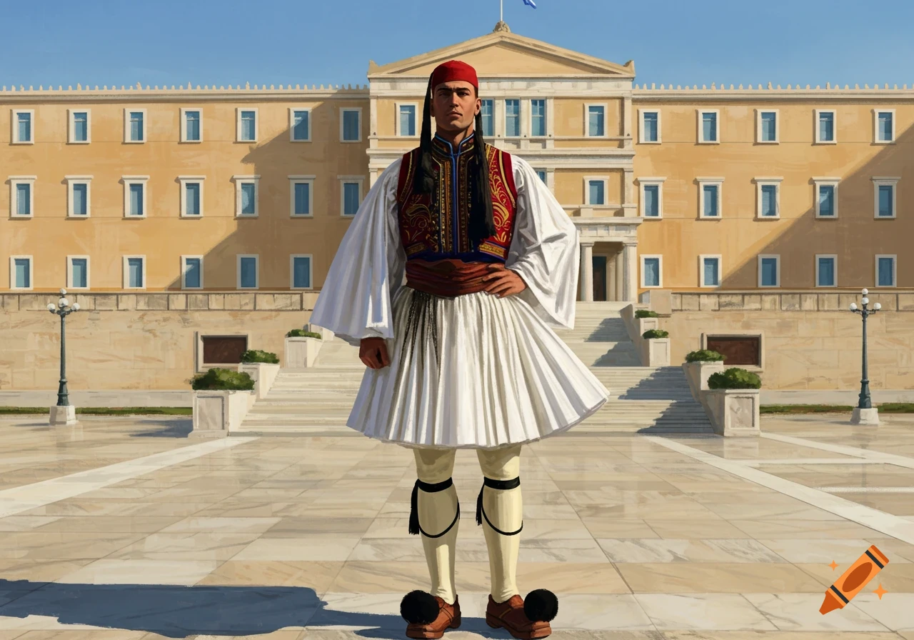 A man in a traditional red, blue, and white Greek Evzones uniform stands on a marble plaza in front of a grand building under a blue sky.