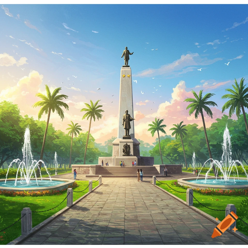 Illustration of Rizal Park: a grand monument with statues, flanked by two fountains and palm trees under a bright sky.