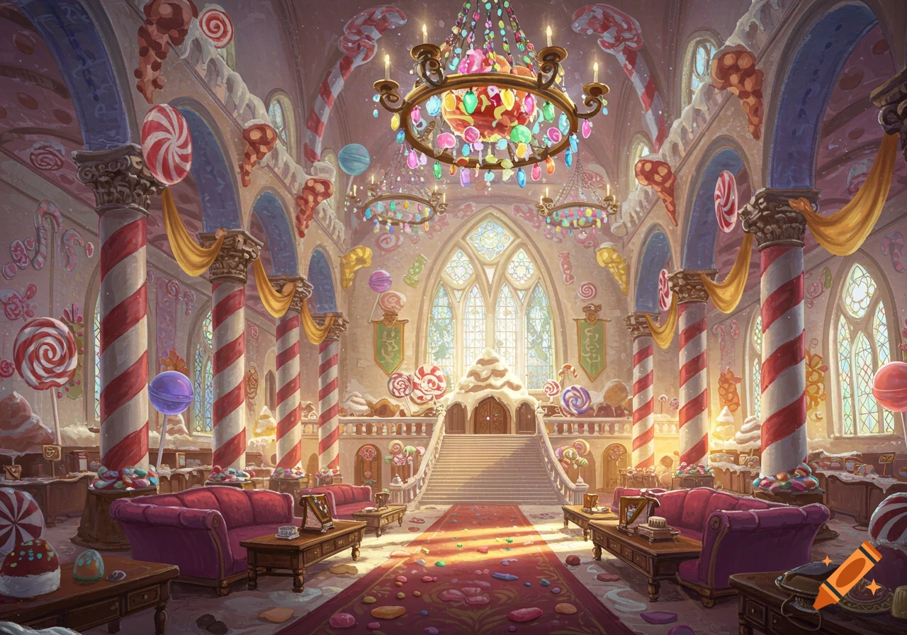 A whimsical, candy-themed grand hall interior with candy cane pillars, lollipop decorations, ornate chandeliers, and pink couches.