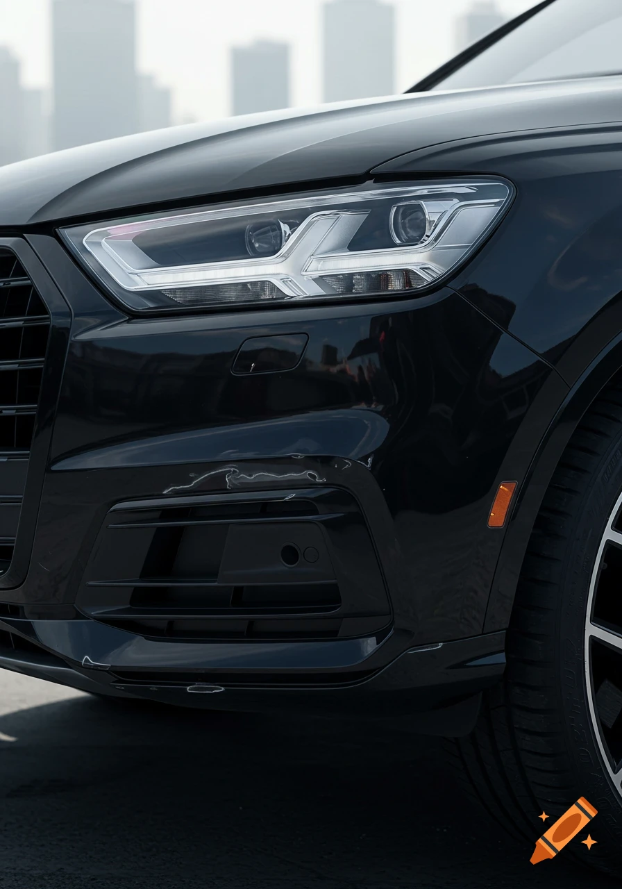 Close-up of the front of a black Audi SUV with visible damage on its bumper, in a photorealistic style.