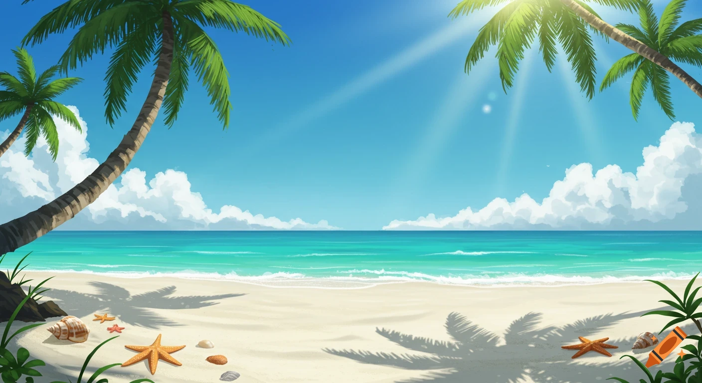 A vibrant, sunny tropical beach scene with palm trees, white sand, turquoise water, and starfish.