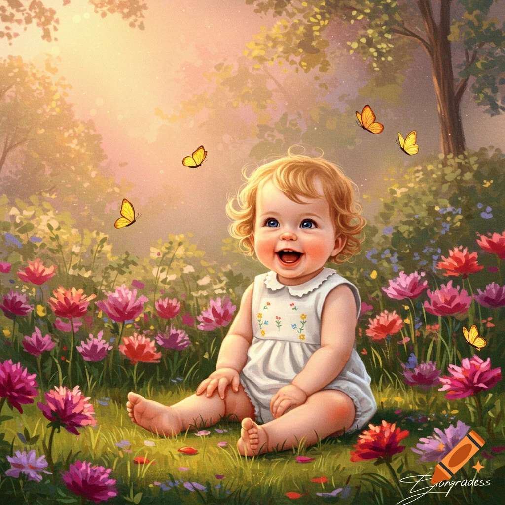 Happy baby with curly hair and blue eyes sitting in a field of colorful flowers with butterflies, illustration style.