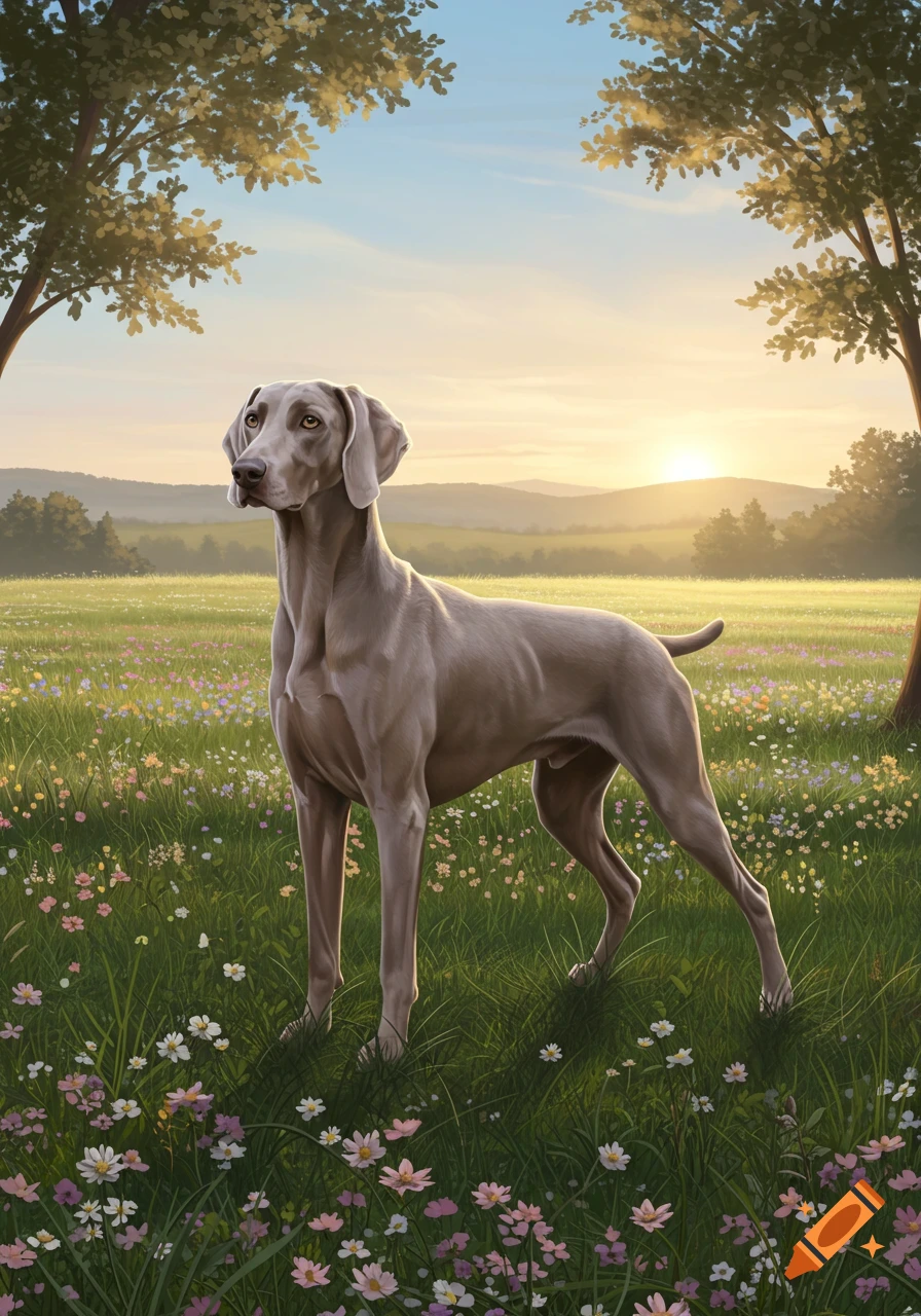 A Weimaraner dog stands in a field of wildflowers with trees and hills in the background at sunset, in a realistic digital painting style.