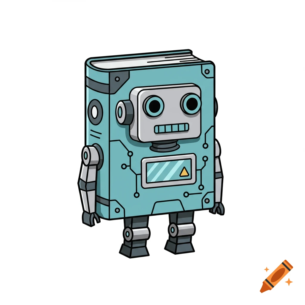 A cartoon illustration of a robot shaped like a book, with a screen on its chest and circuit board details.