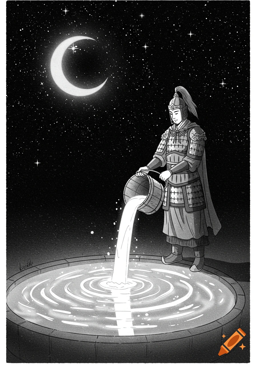 A black and white illustration of a Chinese soldier pouring milk from a bucket into a pool under a starry night sky with a crescent moon.