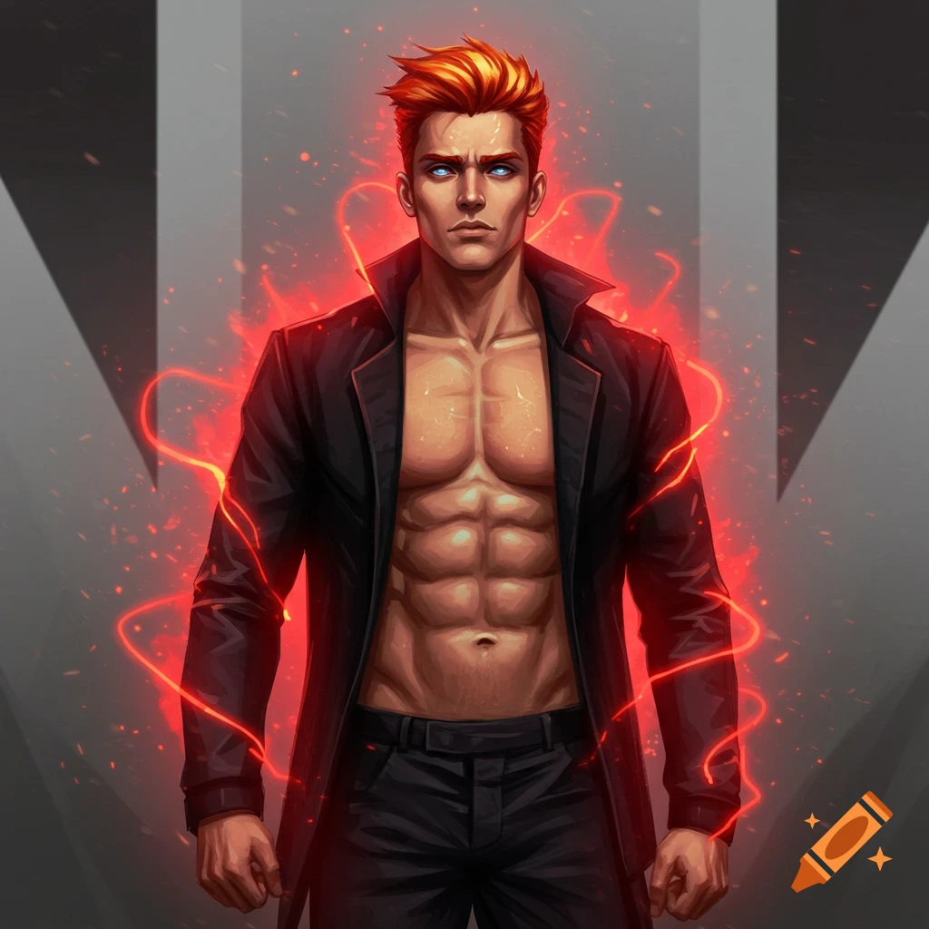 A muscular male character with fiery red and gold hair, piercing blue eyes, an open black jacket, and a glowing red aura.