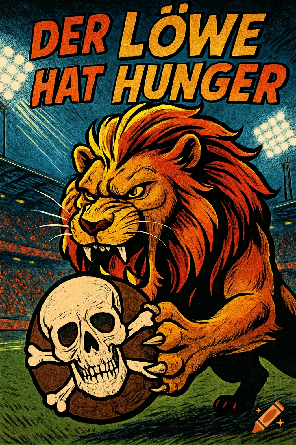 Comic art of a roaring lion in a football stadium, holding a skull and crossbones football, with text 'DER LÖWE HAT HUNGER'.