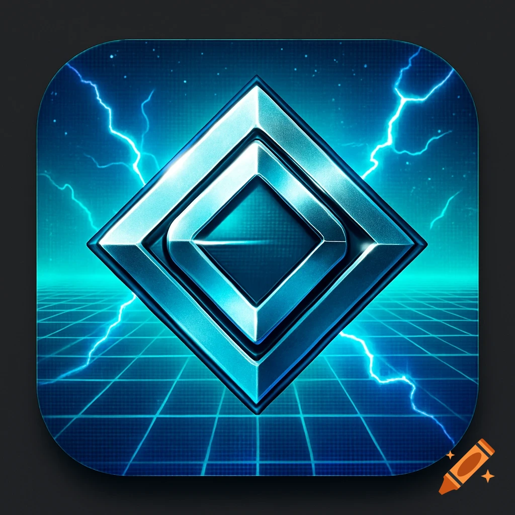 A futuristic blue metallic diamond-shaped app icon with lightning bolts and a grid background.