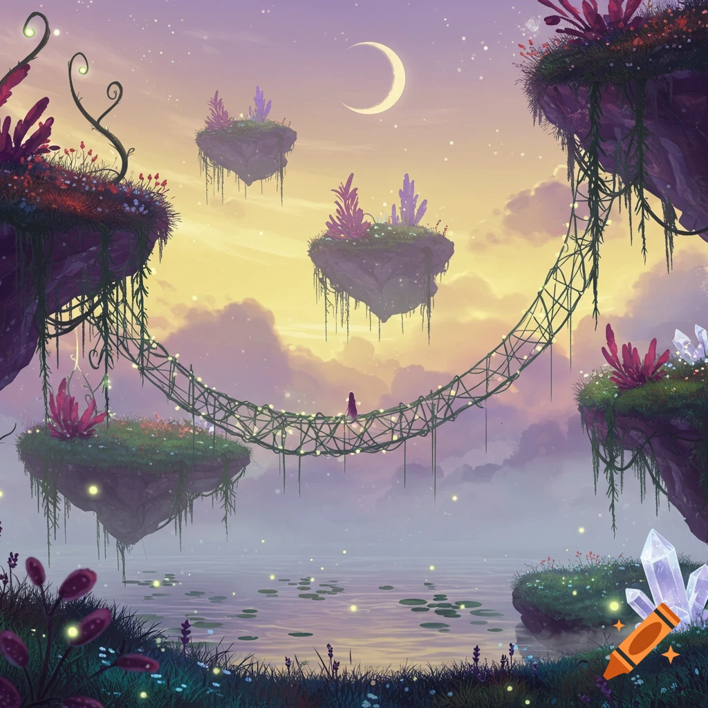 A small figure on a glowing vine bridge connects floating islands over a lake under a crescent moon in a fantasy landscape.