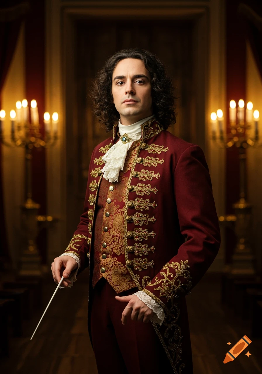 A man in a red and gold historical conductor's uniform holds a baton in a richly decorated room.