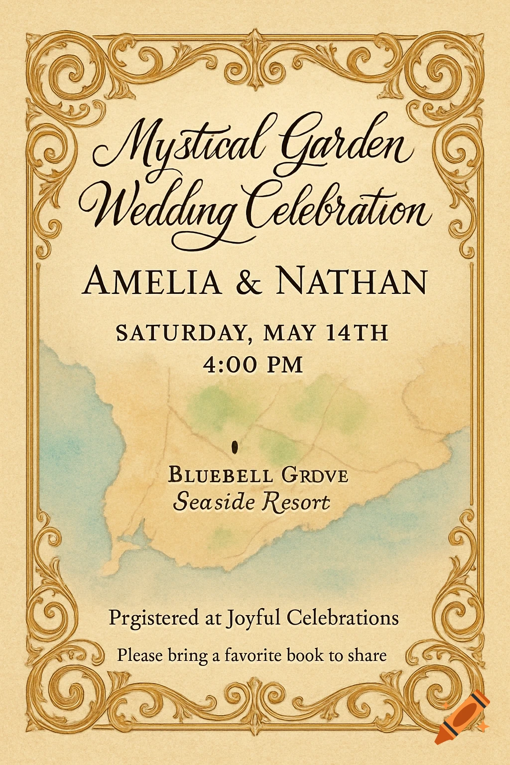 An ornate wedding invitation for Amelia and Nathan's Mystical Garden Wedding Celebration, featuring a gold decorative border, an old map watercolor background, and event details.