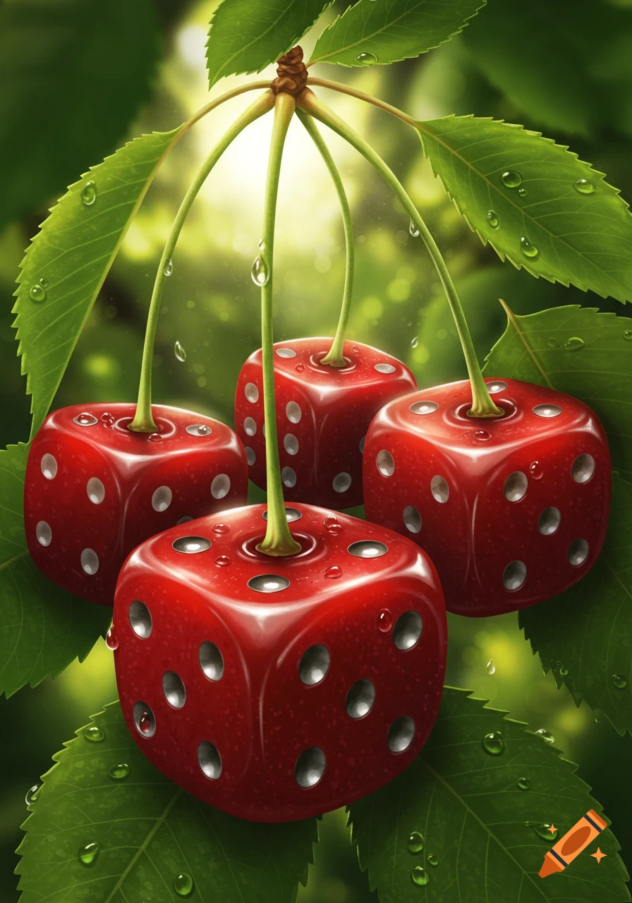Four red dice-shaped cherries hang from a stem with green leaves and water droplets, bathed in sunlight.