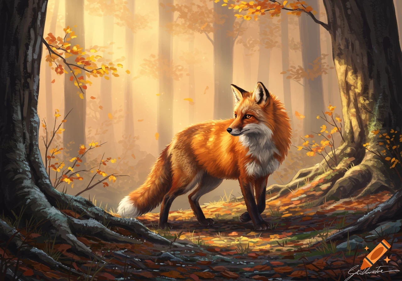 A vibrant orange fox with white markings stands in an autumn forest bathed in golden light, digital art.