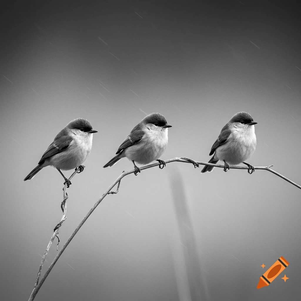 Three small birds perch on a thin branch in a black and white close-up photograph, with a soft background.
