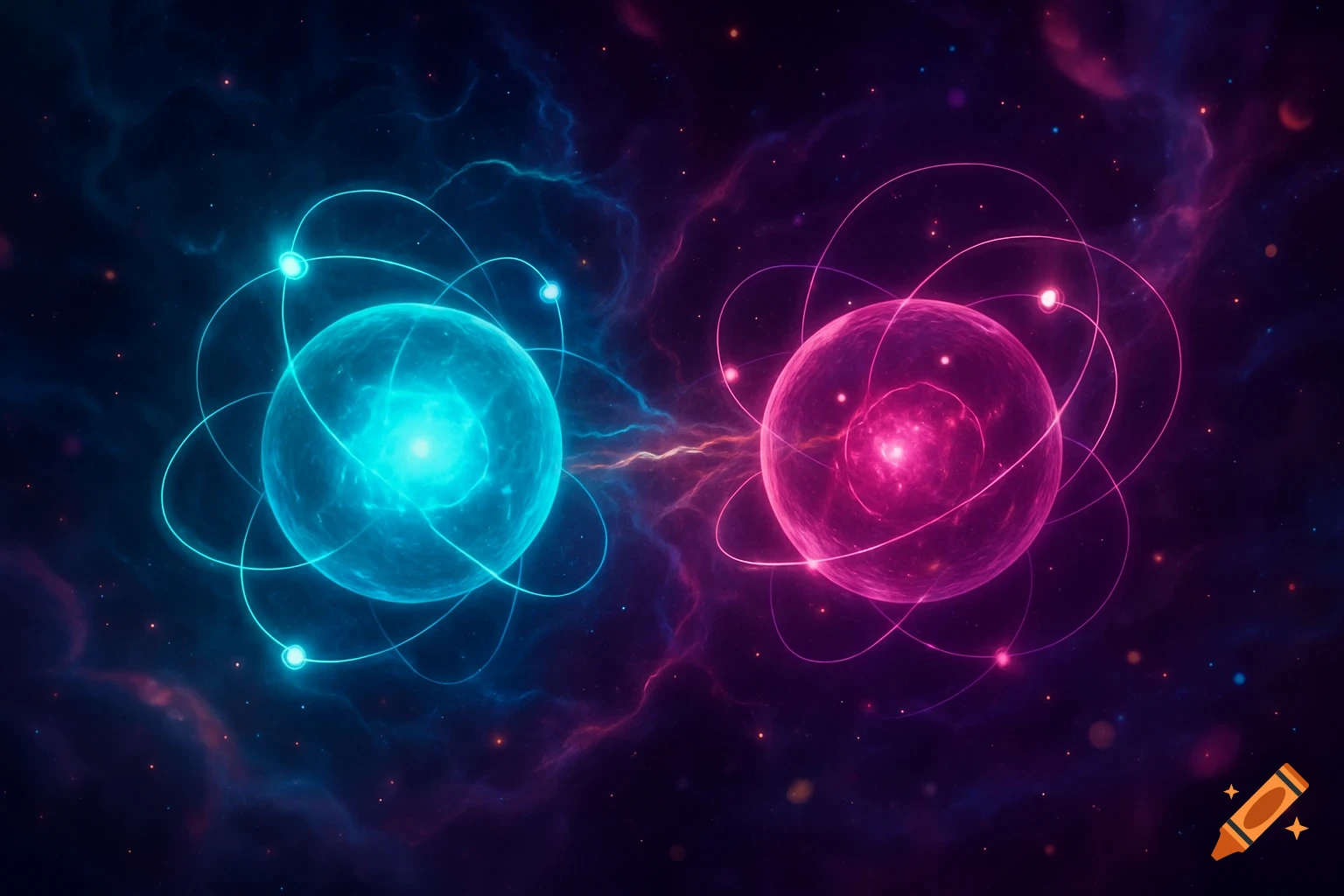 Two glowing blue and pink atomic structures with orbiting electrons against a dark, nebulous space background.