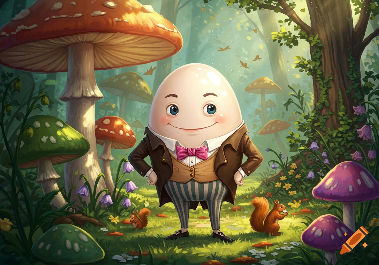 A smiling egg man in a brown suit and pink bow tie stands in a whimsical forest with large colorful mushrooms and squirrels.