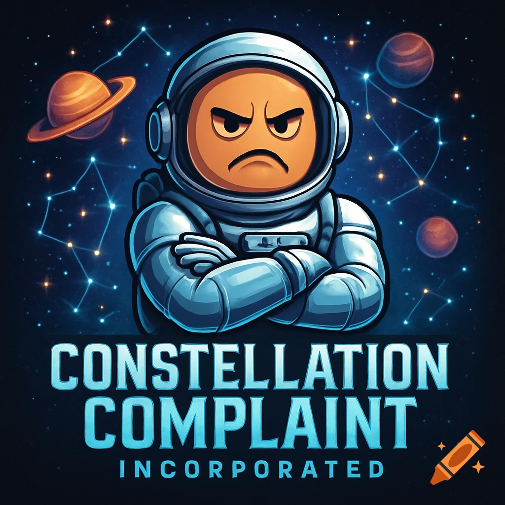 Cartoon angry astronaut emoji in a space suit with crossed arms, floating in outer space with planets, constellations, and the text 'Constellation Complaint Incorporated'.