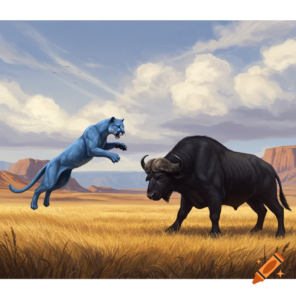 A blue cougar leaps at a black buffalo in a golden grassy savanna with distant mesas under a cloudy sky, digital painting.