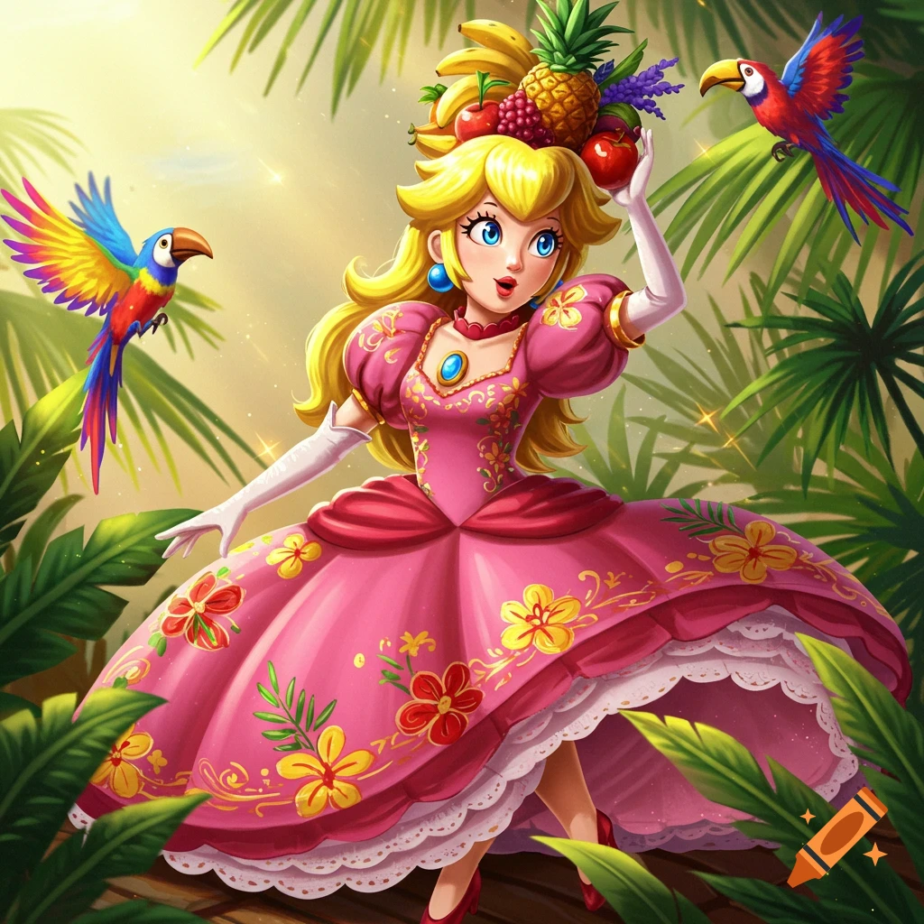Princess Peach in a pink Carmen Miranda-style dress and fruit hat, with parrots in a vibrant tropical jungle illustration.