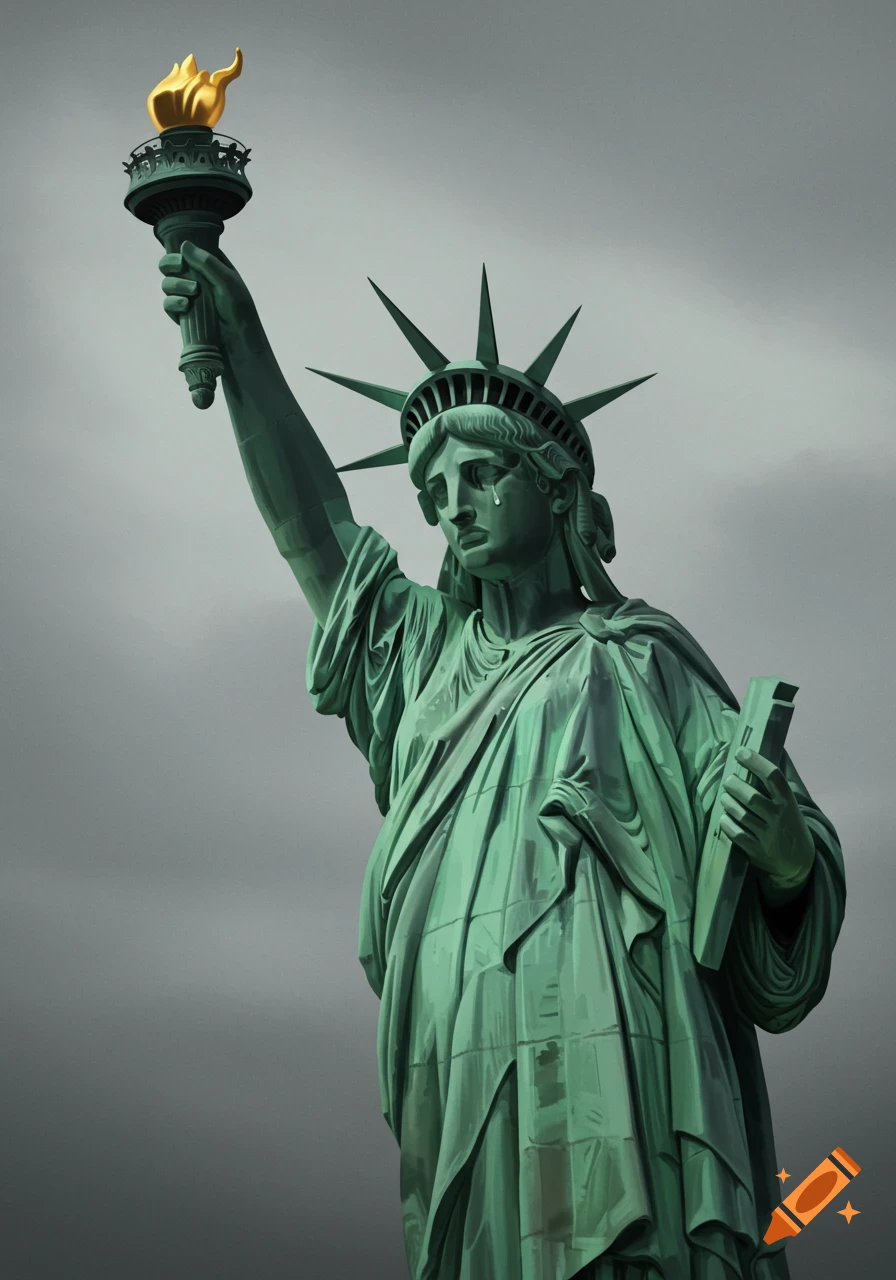 A solemn, green Statue of Liberty holds a golden torch, head bowed with a tear on her cheek, against a gray sky in a digital art style.