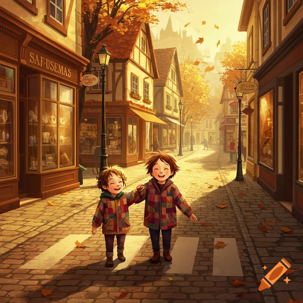 Two happy children holding hands walk on a crosswalk down a charming autumnal street lined with shops in a warm illustration style.