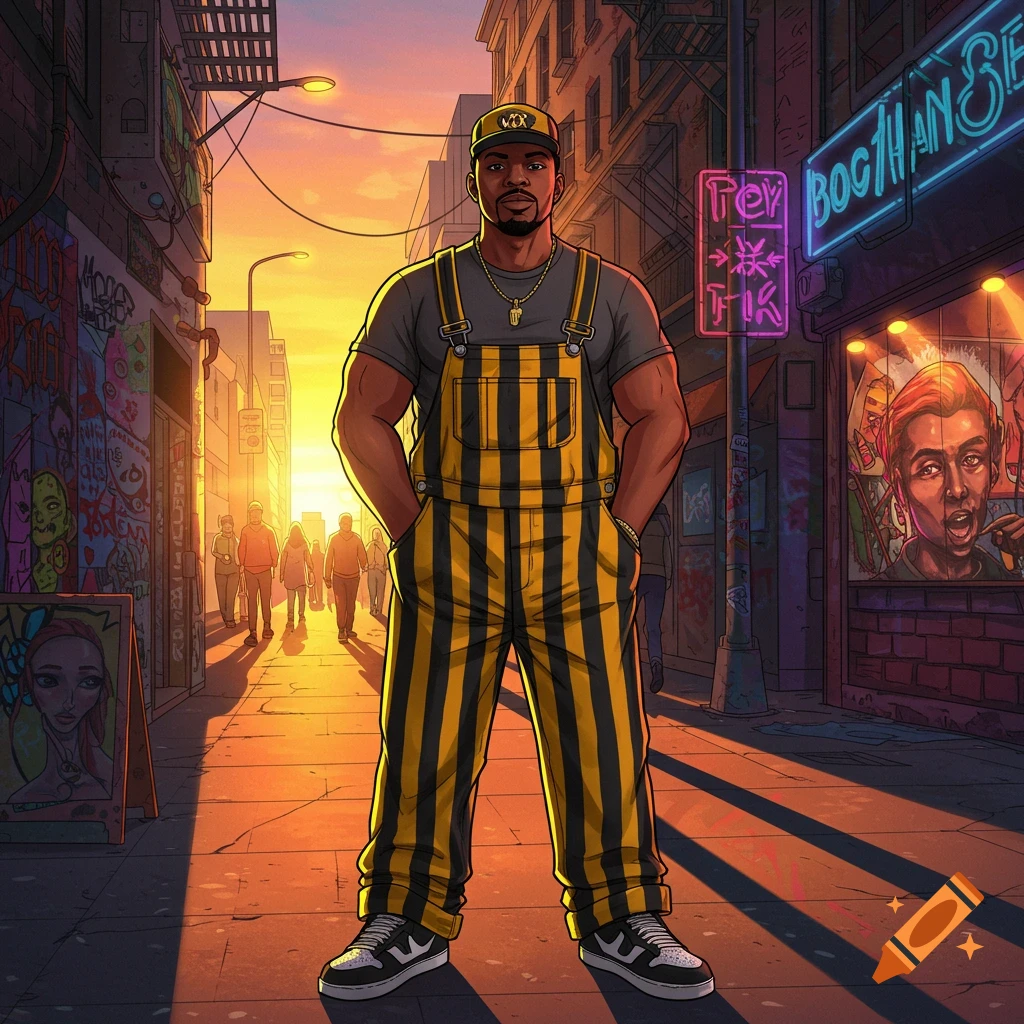 A cartoon man in black and yellow striped overalls stands on a city street at sunset, with graffiti-covered walls and neon signs.
