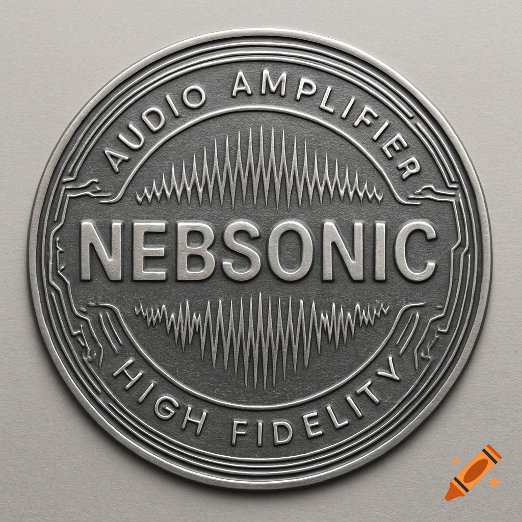 Circular metallic emblem for 'NEBSONIC AUDIO AMPLIFIER HIGH FIDELITY' with waveform and circuitry patterns.