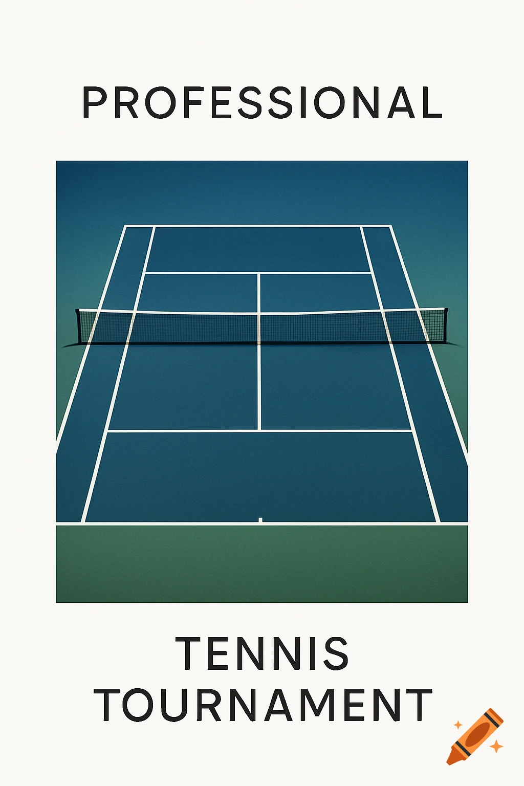 A minimalist graphic of a tennis court with text 'PROFESSIONAL' and 'TENNIS TOURNAMENT'.