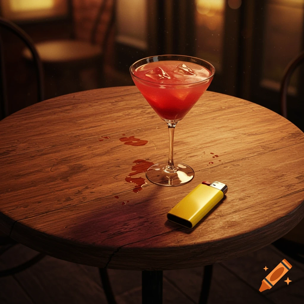 A photorealistic close-up of a red cocktail with ice and a yellow lighter on a wooden bistro table with spills.